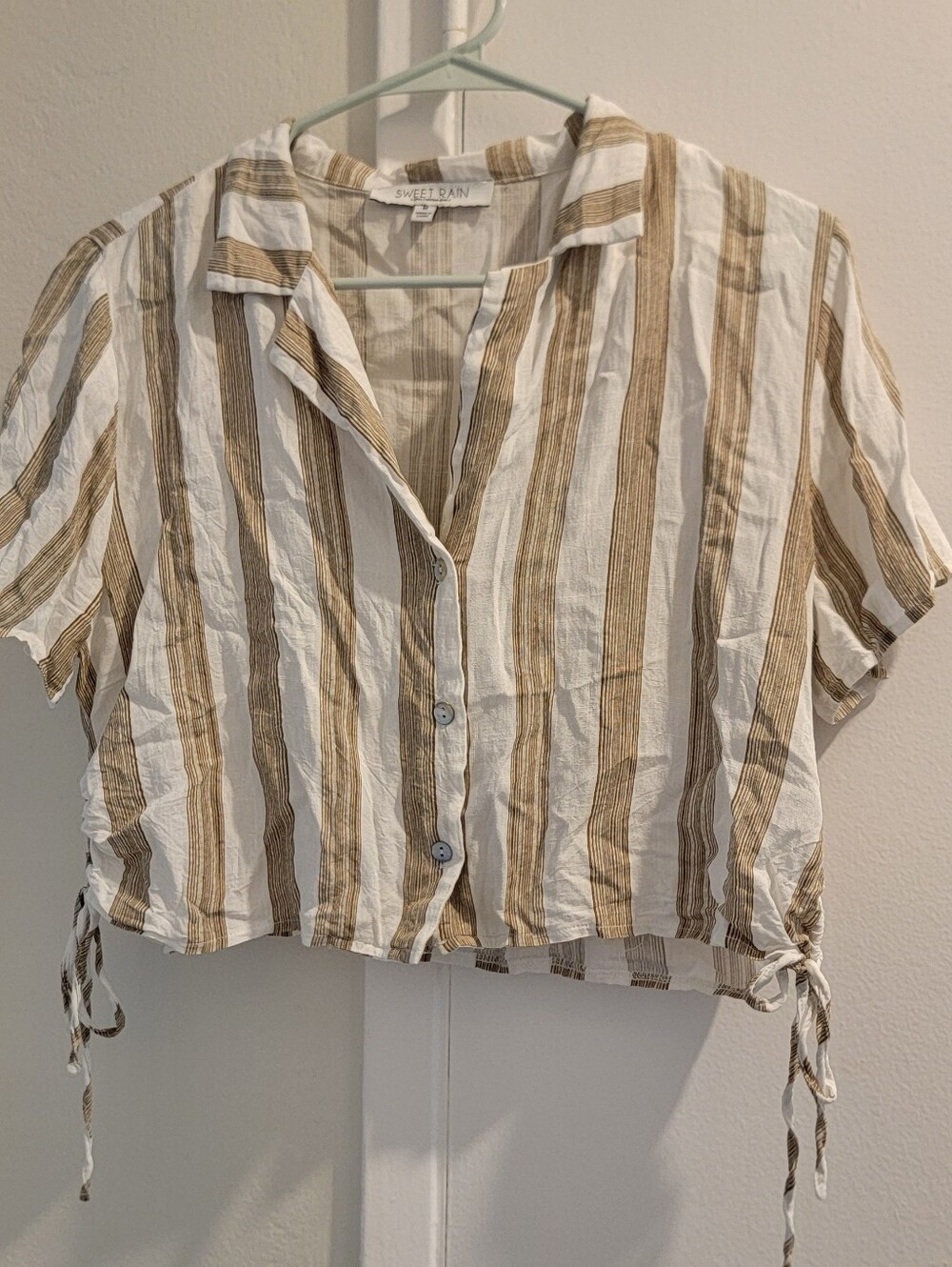 Sweet Rain Brown-Tan White Striped Button-Front Crop Top M